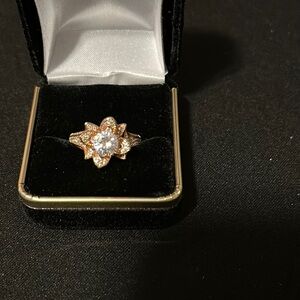 Rose Gold Lotus Flower Double Ring with Crystal and Diamonds Accent Sz 9